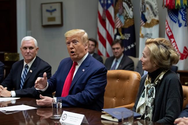 President Donald Trump with Vice President Mike Pence and White House coronavirus response coordinator Dr. Deborah Birx, speaks during a coronavirus briefing with Airline CEOs in the Roosevelt Room of the White House, Wednesday, March 4, 2020, in Washington. (AP Photo/Manuel Balce Ceneta)