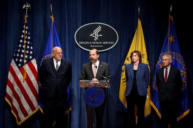 Health and Human Services Secretary Alex Azar speaks at a news conference, Tuesday, Jan. 28, 2020, in Washington, about the federal government's response to a virus outbreak originating in China that has has sickened thousands of people and killed more than 100. Standing with Azar are, from left, Centers for Disease Control and Prevention Director Robert Redfield, National Center for Immunization and Respiratory Disease Director Nancy Messonnier and National Institute of Allergy and Infectious Diseases Director Anthony Fauci. (AP Photo/Patrick Semansky)