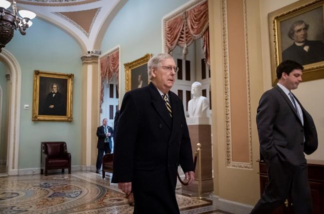 Senate Majority Leader Mitch McConnell, R-Ky., arrives as defense arguments by the Republicans resume in the impeachment trial of President Donald Trump on charges of abuse of power and obstruction of Congress, at the Capitol in Washington, Monday, Jan. 27, 2020. The stakes over witness testimony at President Donald Trump's impeachment trial are rising now that a draft of a book from former national security adviser John Bolton appears to undercut a key defense argument. (AP Photo/J. Scott Applewhite)