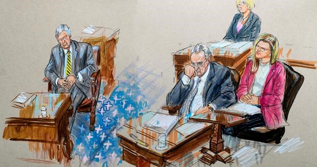 This artist sketch depicts Senate Majority Leader Mitch McConnell, R-Ky., left, and Senate Minority Leader Chuck Schumer, D-N.Y., right, listening to defense arguments in the impeachment trial of President Donald Trump on charges of abuse of power and obstruction of Congress, at the Capitol in Washington, Monday, Jan. 27, 2020. (Dana Verkouteren via AP)