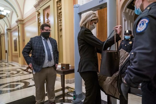 Metal detectors are set up for lawmakers and staff before entering the House chamber, a new security measure put into place after a mob loyal to President Donald Trump stormed the Capitol, in Washington, Tuesday, Jan. 12, 2021. The House is trying to push the vice president and Cabinet to act even more quickly to remove President Donald Trump from office. Democrats are set to pass a resolution calling on Vice President Mike Pence to invoke constitutional authority under the 25th Amendment to oust Trump. (AP Photo/J. Scott Applewhite)