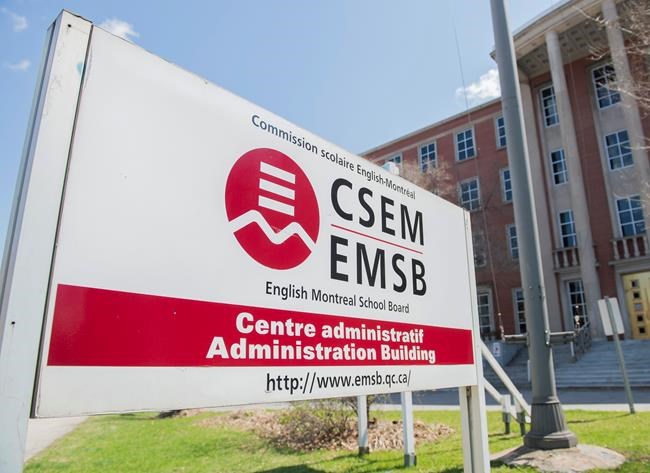 A sign for the English Montreal School Board (EMSB) is shown in Montreal, Sunday, May 3, 2020. THE CANADIAN PRESS/Graham Hughes
