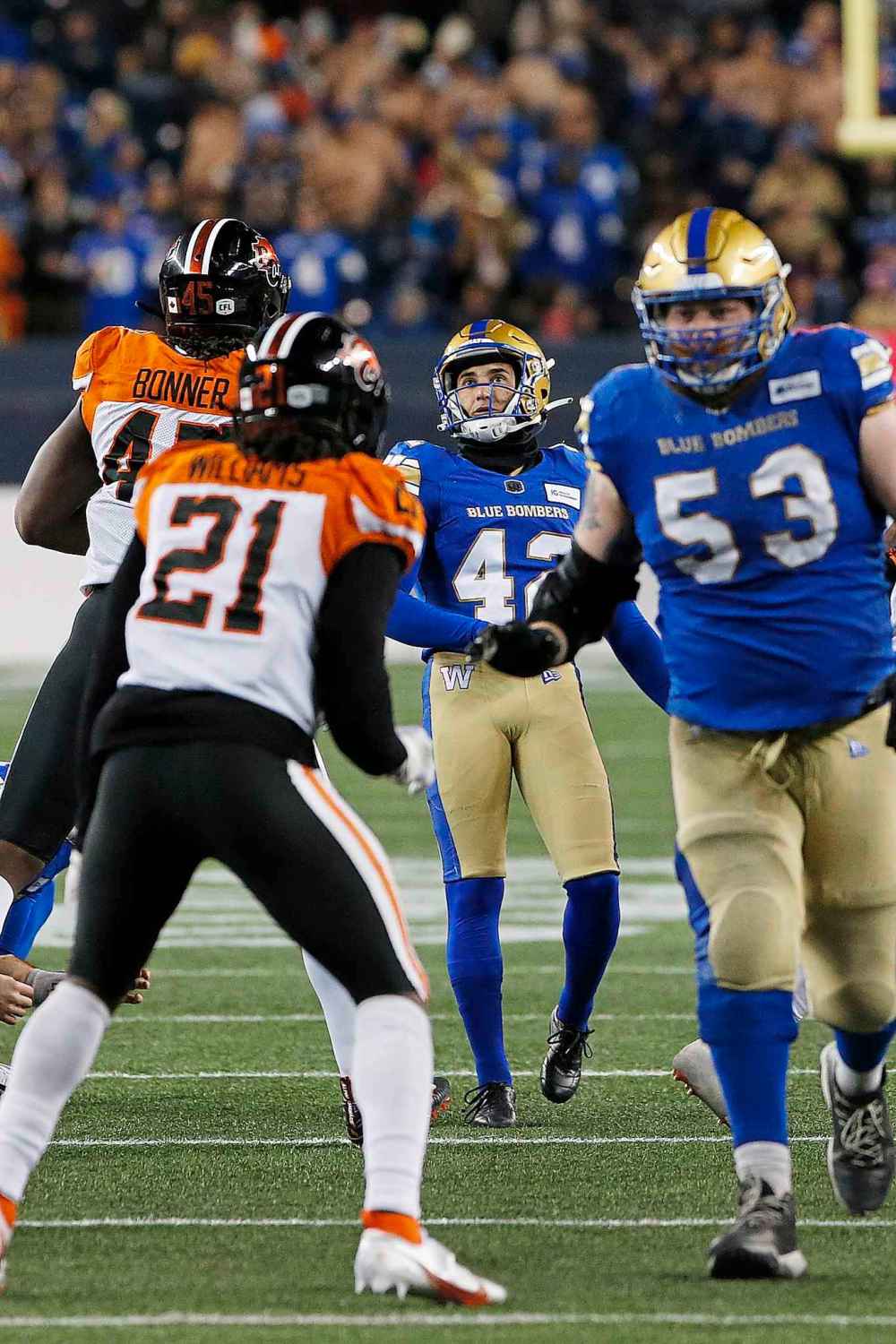 CP
Winnipeg Blue Bombers kicker Ali Mourtada (42) watches as his kick sails through the posts against the B.C. Lions during the second half. (John Woods / The Canadian Press)