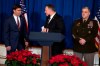Secretary of State Mike Pompeo, center, Secretary of Defense Mark Esper, left, and Chairman of the Joint Chiefs of Staff Gen. Mark Milley deliver a statement on Iraq and Syria, at President Donald Trump's Mar-a-Lago property, Sunday, Dec. 29, 2019, in Palm Beach, Fla. (AP Photo/ Evan Vucci)