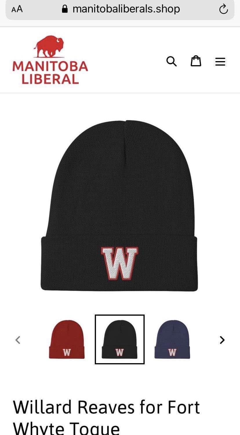 The Manitoba Liberal party had been selling a tuque with a W on it in support of Fort Whyte candidate Willard Reaves. (Screenshot)