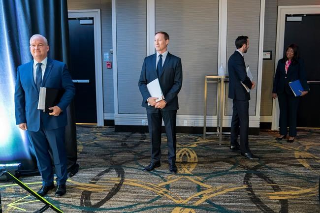 Conservative Party of Canada leadership candidates Erin O’Toole, left to right, Peter MacKay, Derek Sloan and Leslyn Lewis wait for the start of the French Leadership Debate in Toronto on Wednesday, June 17, 2020. THE CANADIAN PRESS/Frank Gunn