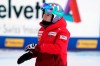 Switzerland's Michelle Gisin gets to the finish area after inspecting the women's super-G course, at the alpine ski World Championships in Cortina d'Ampezzo, Italy, Tuesday, Feb. 9, 2021. (AP Photo/Giovanni Auletta)