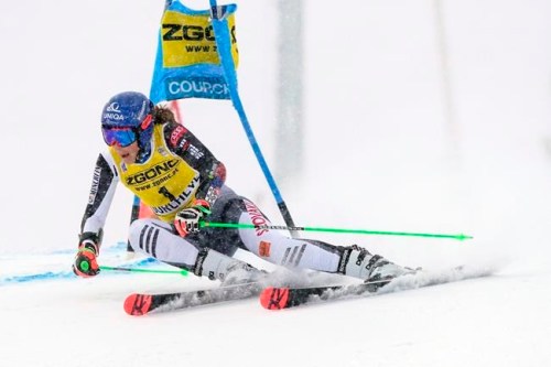 Slovakia's Petra Vlhova speeds down the course during an alpine ski, women's World Cup giant slalom in Courchevel, France, Saturday, Dec. 12, 2020. (AP Photo/Giovanni Auletta)