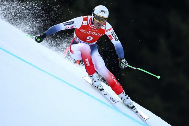 France's Johan Clarey speeds down the course during an alpine ski, men's World Cup downhill, in Garmisch-Partenkirche, Germany, Saturday, Feb.1, 2020. (AP Photo/Marco Trovati)