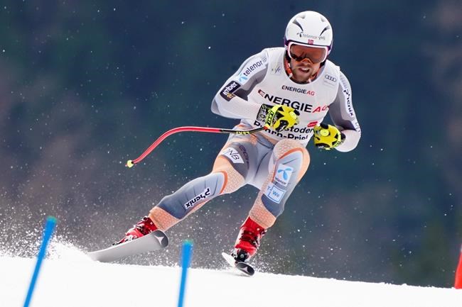 Norway's Aleksander Aamodt Kilde competes during the super-G portion of an alpine ski, men's World Cup combined, in Hinterstoder, Austria, Sunday, March 1, 2020. (AP Photo/Giovanni Auletta)