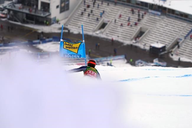 Italy's Federica Brignone speeds down the course during an alpine ski, women's World Cup giant slalom in Soelden, Austria, Saturday, Oct. 17, 2020. (AP Photo/Giovanni Auletta)