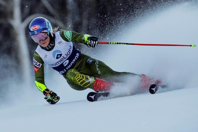 United States' Mikaela Shiffrin competes during an alpine ski, women's World Cup giant slalom in Killington, Vt., Saturday, Nov. 30, 2019. (AP Photo/Charles Krupa)
