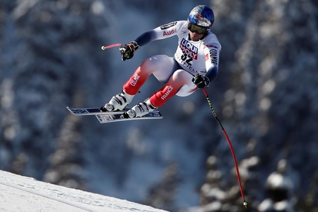 France's Alexis Pinturault speeds down the course during an alpine ski, men's World Cup downhill, in Kvitfjell, Norway, Saturday, March 7, 2020. (AP Photo/Gabriele Facciotti)