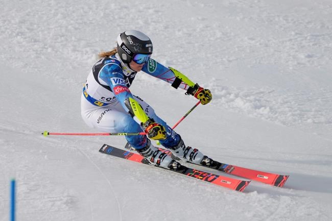 United States' Paula Moltzan competes during the parallel giant slalom, at the alpine ski World Championships in Cortina d'Ampezzo, Italy, Tuesday, Feb.16, 2021. (AP Photo/Giovanni Auletta)