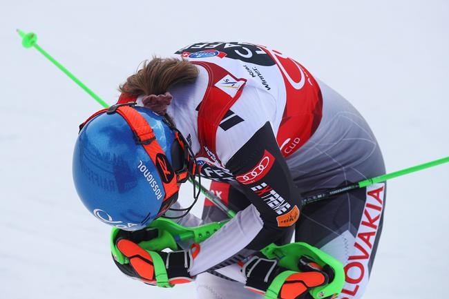 Slovakia's Petra Vlhova gets to the finish area after completing an alpine ski, women's World Cup slalom in Lenzerheide, Switzerland, Saturday, March 20, 2021. (AP Photo/Marco Trovati)