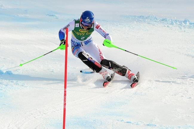 Slovakia's Petra Vlhova speeds down the course to win an alpine ski, women's World Cup slalom in Kranjska Gora, Slovenia, Sunday, Feb. 16, 2020. (AP Photo/Pier Marco Tacca)