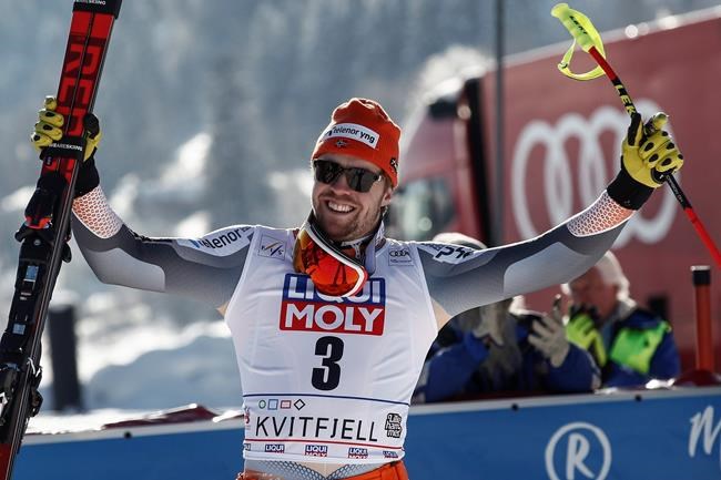 Norway's Aleksander Aamodt Kilde celebrates after finishing second in a alpine ski, men's World Cup downhill, in Kvitfjell, Norway, Saturday, March 7, 2020. (AP Photo/Gabriele Facciotti)