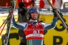 Slovenia's Martin Cater celebrates in the finish area after completing an alpine ski, men's World Cup downhill, in Val d'Isere, France, Sunday, Dec. 13, 2020. (AP Photo/Alessandro Trovati)
