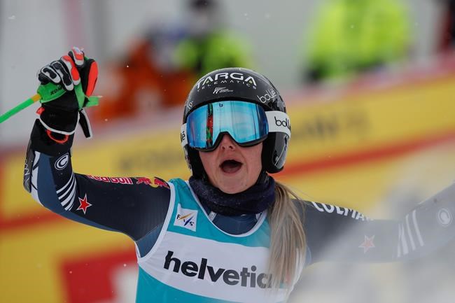 New Zealand's Alice Robinson reacts after completing an alpine ski, women's World Cup giant slalom, in Lenzerheide, Switzerland, Sunday, March 21, 2021. (AP Photo/Gabriele Facciotti)