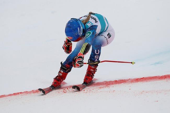 United States' Mikaela Shiffrin crosses the finish line during an alpine ski, women's World Cup giant slalom, in Lenzerheide, Switzerland, Sunday, March 21, 2021. Shiffrin finished in second place. (AP Photo/Gabriele Facciotti)