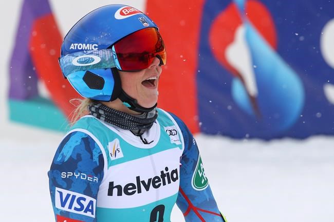 United States' Mikaela Shiffrin gets to the finish area after completing an alpine ski, women's World Cup giant slalom, in Lenzerheide, Switzerland, Sunday, March 21, 2021. (AP Photo/Marco Trovati)