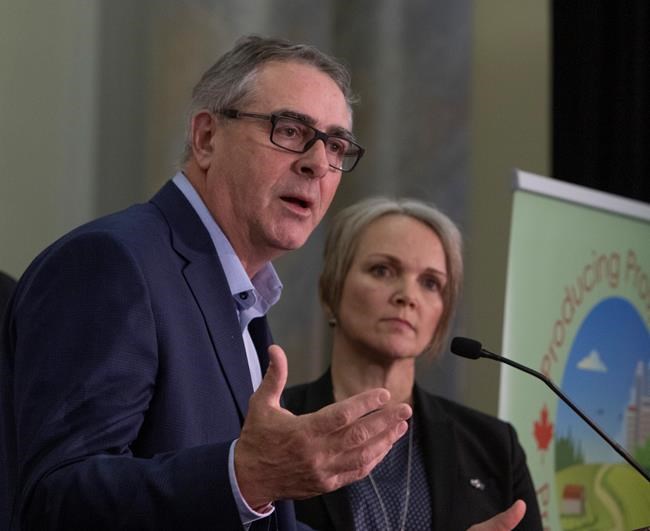 Marcel Groleau, President of the Union des Producteurs Agricoles and Mary Robinson, president of the Canadian Federation of Agriculture take part in a press conference, Tuesday, February 25, 2020 in Ottawa. THE CANADIAN PRESS/Fred Chartrand