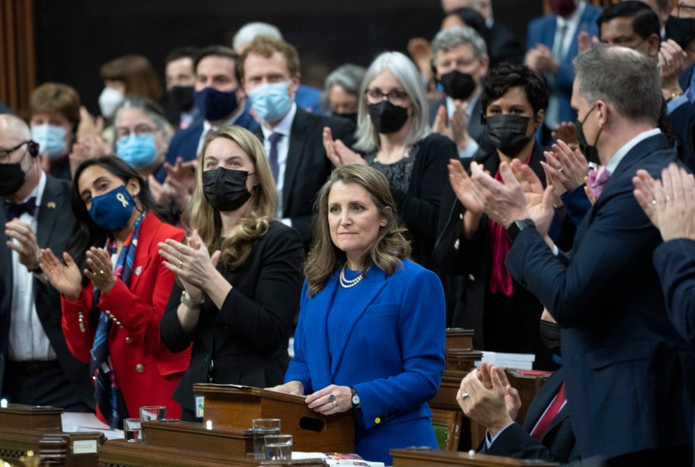 Deputy Prime Minister and Finance Minister Chrystia Freeland receives a standing ovation as she delivers the federal budget in the House of Commons, Thursday, April 7, 2022 in Ottawa. THE CANADIAN PRESS/Adrian Wyld