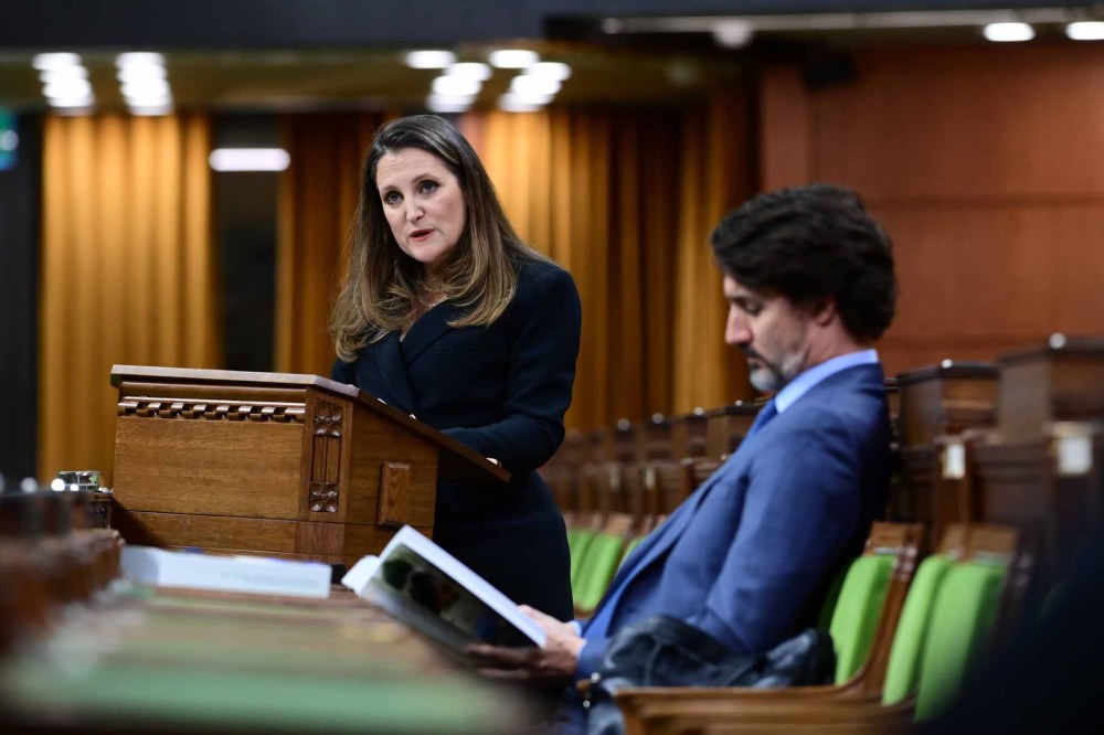 Sean Kilpatrick / The Canadian Press
Freeland delivers the federal budget in the House of Commons as Prime Minister Justin Trudeau looks on in Ottawa on Monday.