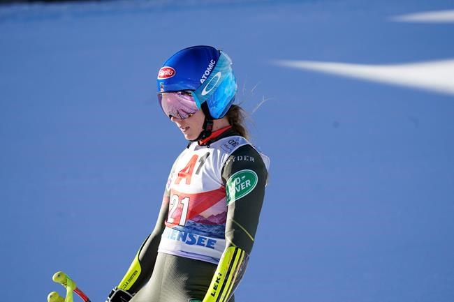 United States' Mikaela Shiffrin arrives at the finish area of an alpine ski, women's World Cup Women's Alpine Combined, in Altenmarkt-Zauchensee, Austria, Sunday, Jan. 12, 2020. (AP Photo/Giovanni Auletta)