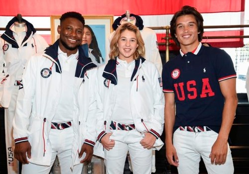 Athletes Daryl Homer (Fencing), left, Jordyn Barratt (Skateboard) and Heimana Reynolds (Skateboard) participate in the Team USA Tokyo Olympic closing ceremony uniform unveiling at the Ralph Lauren SoHo Store on April 13, 2021, in New York. Ralph Lauren is an official outfitter of the 2021 U.S. Olympic Team. (Photo by Evan Agostini/Invision/AP)