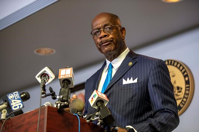 Fulton County District Attorney Paul Howard speaks during a press conference by the Fulton County District Attorney's Office in Atlanta, Monday, June 2, 2020. Six Atlanta police officers have been charged after a dramatic video showed authorities pulling the two young people from a car during protests over the death of George Floyd. (Alyssa Pointer/Atlanta Journal-Constitution via AP)