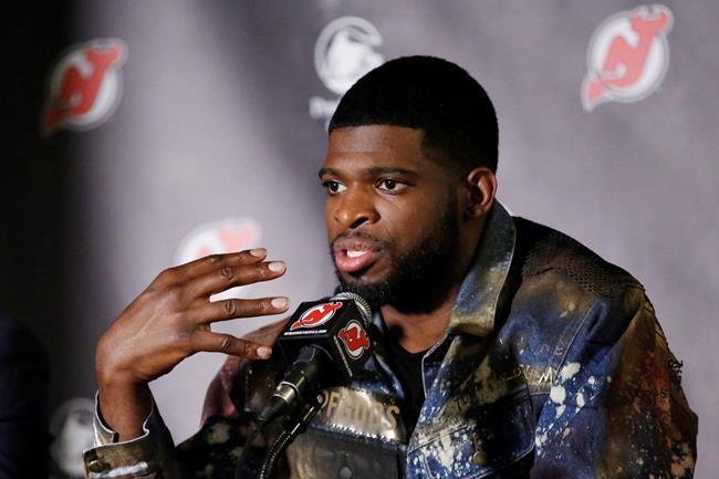New Jersey Devils defenceman P.K. Subban says he's donated US$50,000 to a GoFundMe page set up for George Floyd's daughter, and that the NHL has matched the pledge. Subban speaks to reporters after his introduction at the Prudential Center in Newark, N.J., July 25, 2019. THE CANADIAN PRESS/AP-Kathy Willens