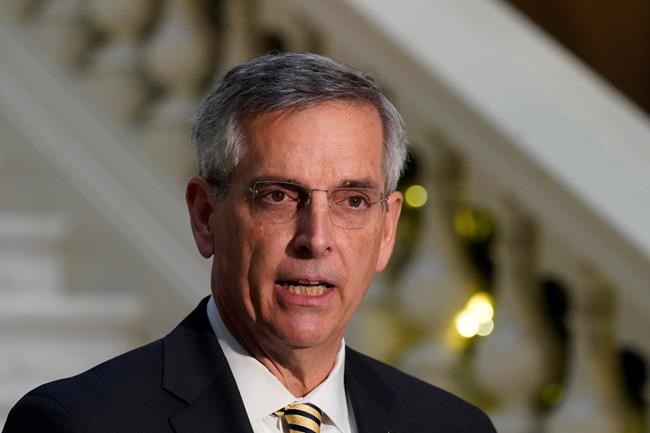 Georgia Secretary of State Brad Raffensperger speaks during a presser Monday, Dec. 14, 2020, in Atlanta. (AP Photo/John Bazemore)