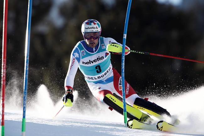 Switzerland's Daniel Yule competes during an alpine ski, World Cup Men's slalom in Adelboden, Switzerland, Sunday, Jan. 12, 2020. (AP Photo/Gabriele Facciotti)
