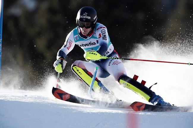 France's Clement Noel competes during an alpine ski, World Cup Men's slalom in Adelboden, Switzerland, Sunday, Jan. 12, 2020. (AP Photo/Gabriele Facciotti)