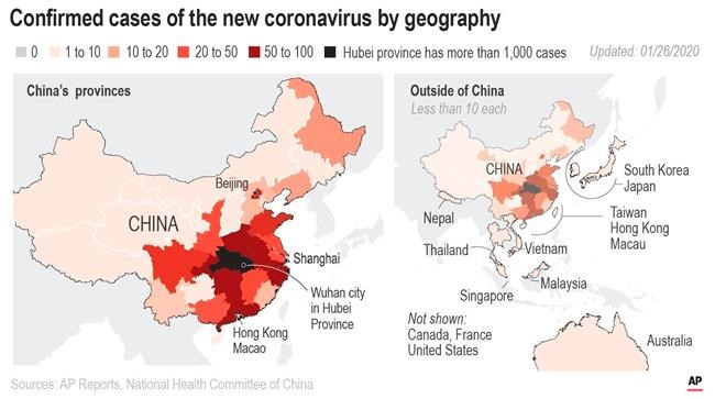 Map highlights areas with cases of the new coronavirus.;
