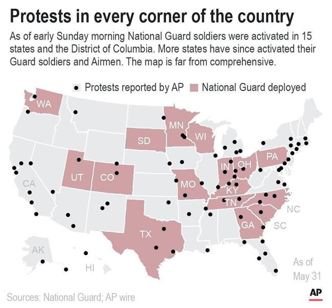 National map shows locations of protests across the country.;