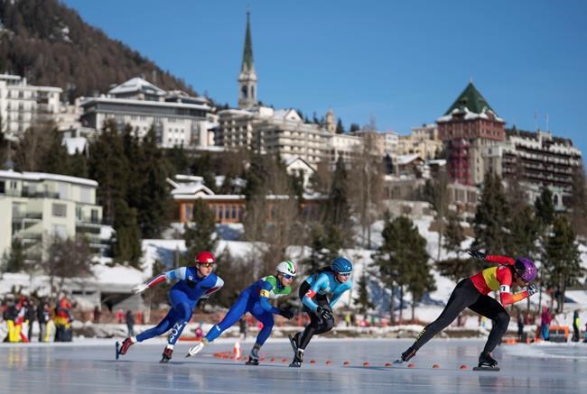 In this photo provided by the IOC, from left, Sander Eitrem, of Norway, Nicky Rosanelli, of Italy, Fran Vanhoutter, of Belgium and Luisa Maria Gonzalez Salazar, of Spain, compete in the sixth heat of the Speed Skating Mixed NOC Team Sprint event of the 2020 Winter Youth Olympic Games in St. Moritz, Switzerland, Wednesday, Jan. 15, 2020. (Thomas Lovelock for OIS via AP)