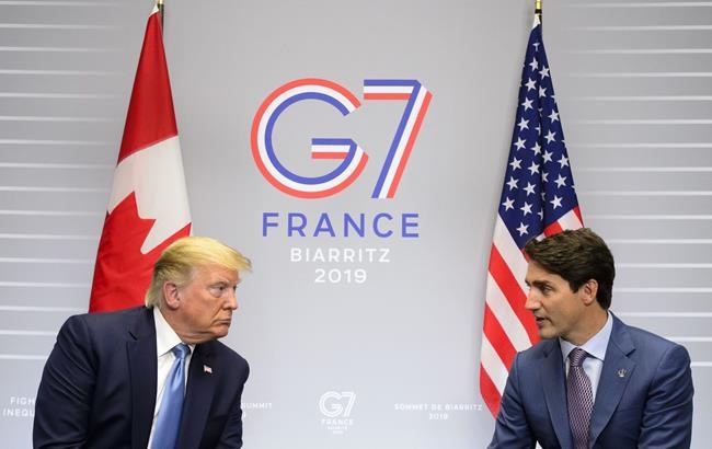 Prime Minister Justin Trudeau takes part in a bilateral meeting with U.S. President Donald Trump during the G7 Summit in Biarritz, France on August 25, 2019. Prime Minister Justin Trudeau says Russia is not welcome in the G7 any time soon. Trudeau is flatly rejecting today a suggestion by U.S. President Donald Trump to readmit Russia, which was kicked out of the group of leading democratic countries after its invasion of Ukraine in 2014. THE CANADIAN PRESS/Sean Kilpatrick