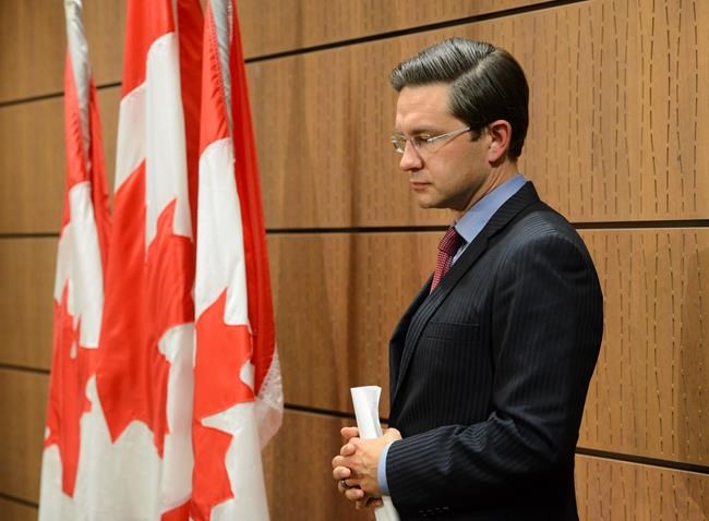 Conservative MP Pierre Poilievre holds a press conference on Parliament Hill in Ottawa on July 29, 2020. THE CANADIAN PRESS/Sean Kilpatrick