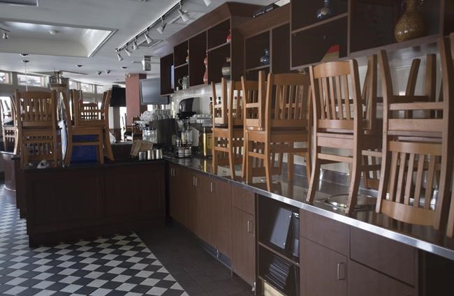 Chairs are seen on the counter of a closed restaurant in Whistler, B.C., on May 15, 2020. Statistics Canada will provide a new snapshot today of the job market as it stood last month with expectations that figures will show a continued bleeding of jobs due to the COVID-19 pandemic. More than three million jobs were lost over March and April as restrictions to contain the spread of the novel coronavirus were put in place. THE CANADIAN PRESS/Jonathan Hayward