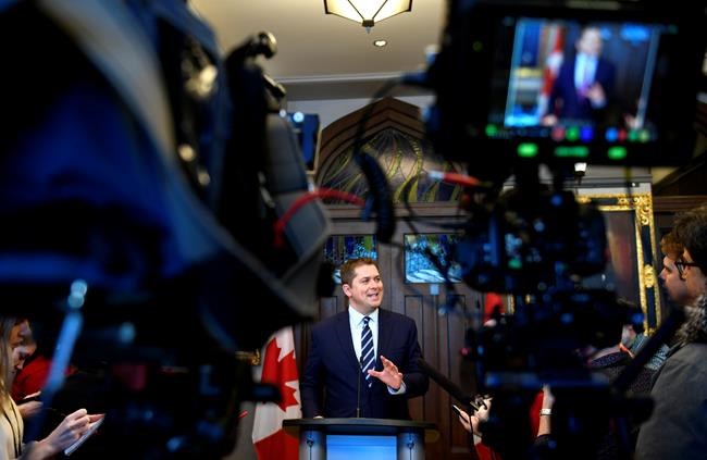 Conservative Leader Andrew Scheer speaks to reporters about rail blockades by activists protesting the Coastal GasLink project, on Parliament Hill in Ottawa, Friday, Feb. 14, 2020. THE CANADIAN PRESS/Justin Tang