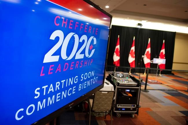 A television that will show the broadcast announcing the new leader of the Conservative Party of Canada displays a message that the stream will start soon, as the party continues to experience delays due to ballot counting, in Ottawa, moments before midnight on Sunday, Aug. 23, 2020. THE CANADIAN PRESS/Justin Tang