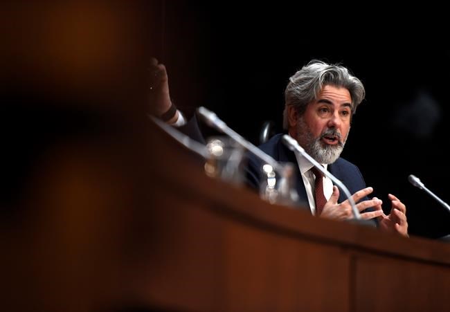 Leader of the Government in the House of Commons Pablo Rodriguez speaks at a press conference on COVID-19, at West Block on Parliament Hill in Ottawa, on Wednesday, March 18, 2020. THE CANADIAN PRESS/Justin Tang