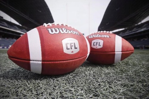 CFL balls are photographed at the Winnipeg Blue Bombers stadium in Winnipeg Thursday, May 24, 2018. The CFL has cancelled its 2020 season because of the COVID-19 pandemic. It marks the first year the Grey Cup won't be presented since 1919. THE CANADIAN PRESS/John Woods
