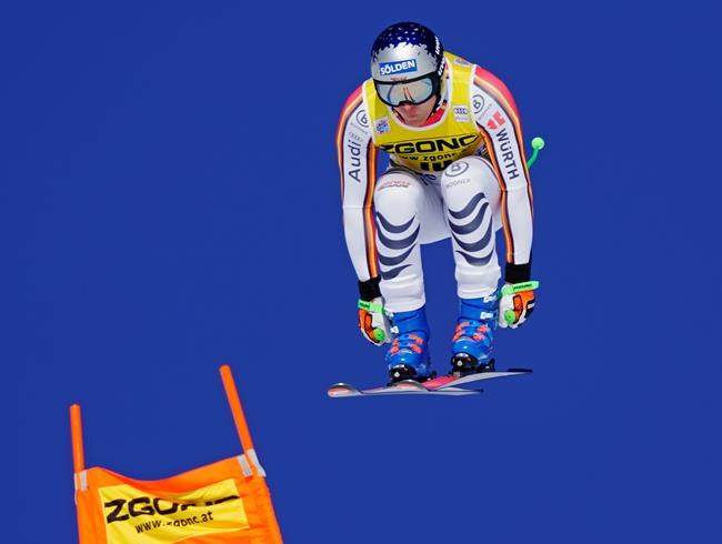 Thomas Dressen of Germany skis down the course during the men's World Cup downhill ski race in Lake Louise, Alta., on Saturday, Nov. 30, 2019. THE CANADIAN PRESS/Frank Gunn