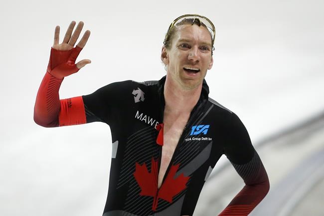 Canada's Ted-Jan Bloemen celebrets his second place finish during the men's 5000-metre competition at the ISU World Cup speedskating event in Calgary, Alta., Saturday, Feb. 8, 2020.THE CANADIAN PRESS/Jeff McIntosh