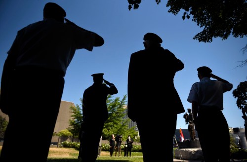 CP
Korean War veterans along with Lt.Gen. Wayne Eyre, Commander of the Canadian Army, salute, second from left, during a ceremony commemorating the 70th anniversary of the Korean War at the Monument to the Canadian Fallen in Ottawa, on Sunday, June 21, 2020. THE CANADIAN PRESS/Justin Tang