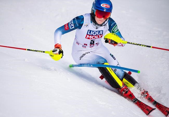 Mikaela Shiffrin of USA in action during the women's slalom race of the FIS Ski Alpine World Cup in Are, Sweden, Friday March 12, 2021. (Pontus Lundahl/TT via AP)