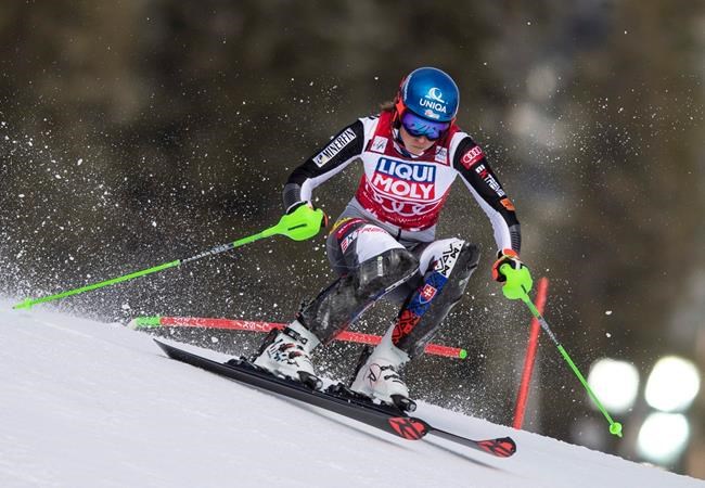 Petra Vlhova of Slovakia in action during the women's slalom race of the FIS Ski Alpine World Cup in Are, Sweden, Friday March 12, 2021. (Pontus Lundahl/TT via AP)